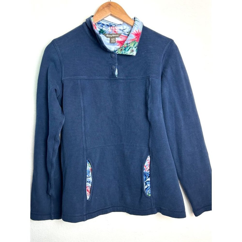 TOMMY BAHAMA Jacket Womens Medium Fleece Pullover Pockets Buttons Floral Trimmed